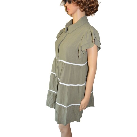 NWT She & Sky Womens Linen Blend Ruffle Sleeve Dress Olive Green Size Medium - Picture 3 of 10
